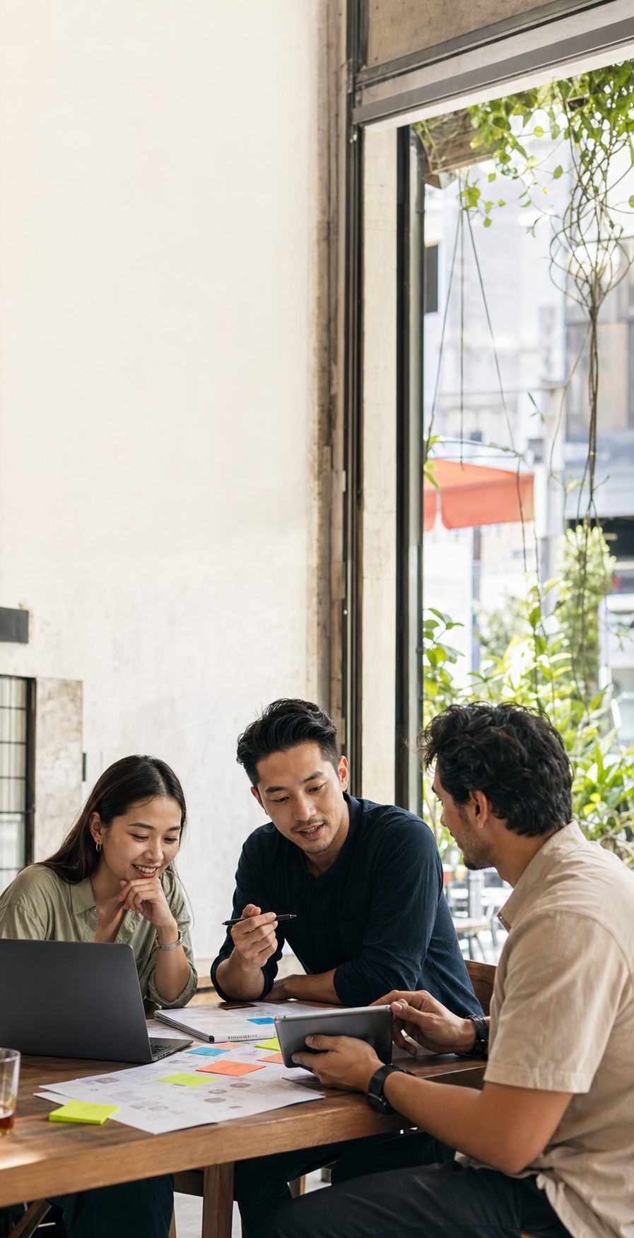 Marketing team discussing an AI-assisted content workflow in a bright APAC workspace